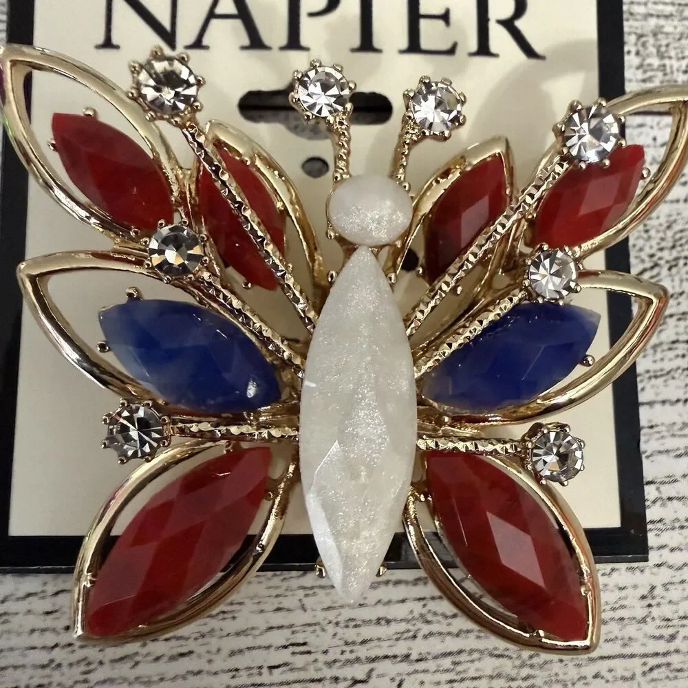 Napier Patriotic Butterfly Pin Brooch Red White Blue USA Gold Tone 4th July New